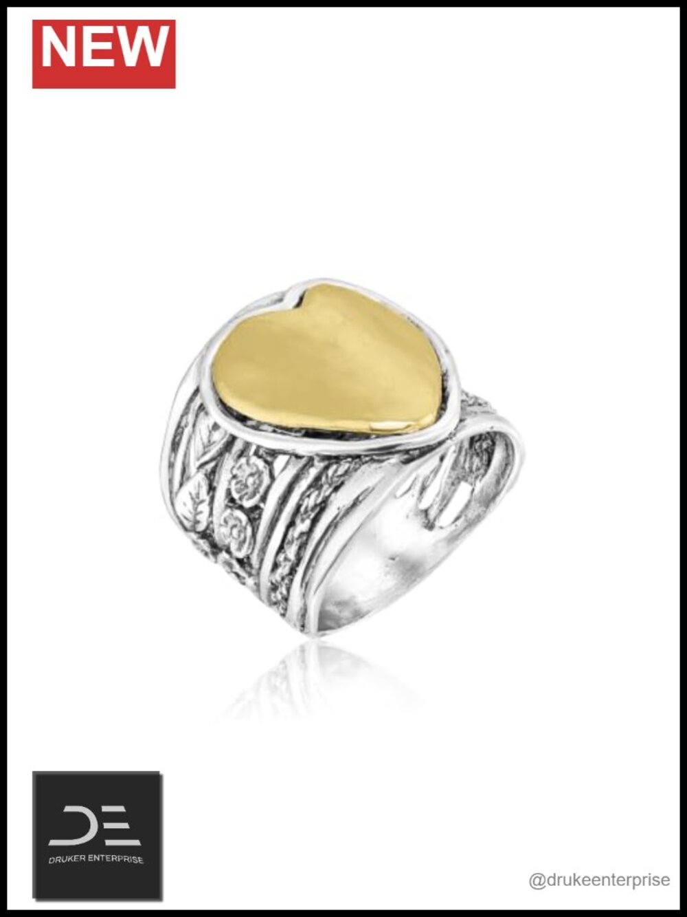 Vintage Style Two-Tone 925 Sterling Silver Floral Heart Statement Ring Size 11